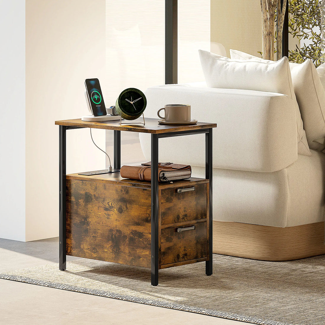 Bedside Table with Charging Station for Living Room, Rustic Brown