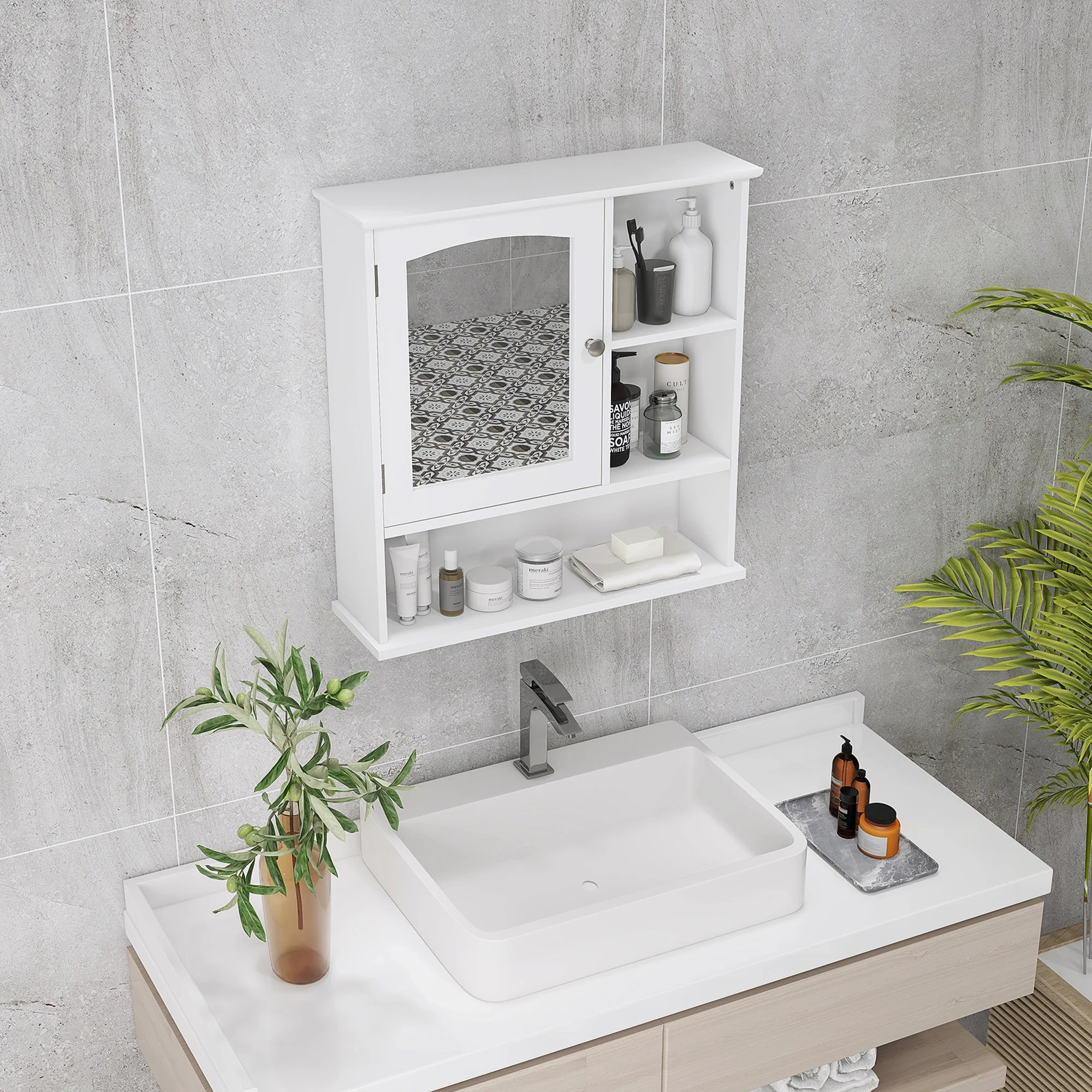 Wall Mounted Bathroom Mirror Glass Storage Cabinet Cupboard with Shelf