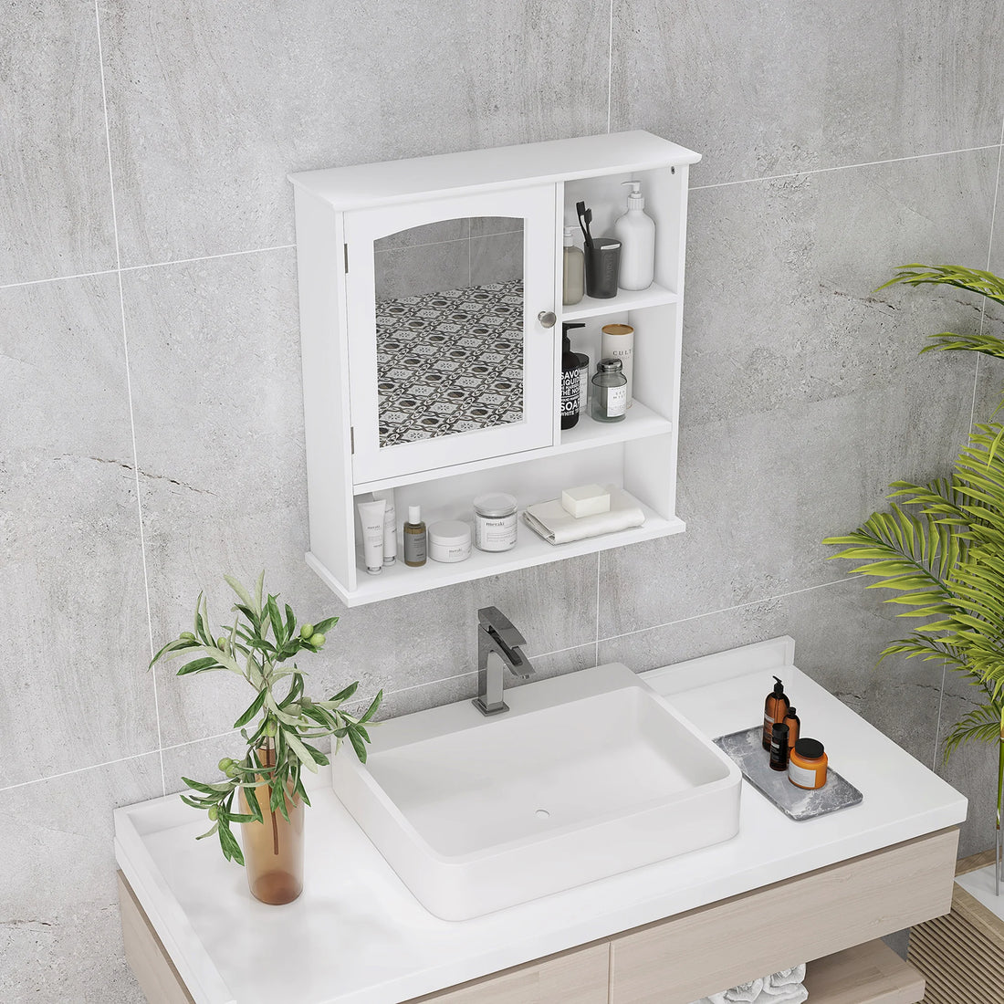 Wall Mounted Bathroom Mirror Glass Storage Cabinet Cupboard with Shelf
