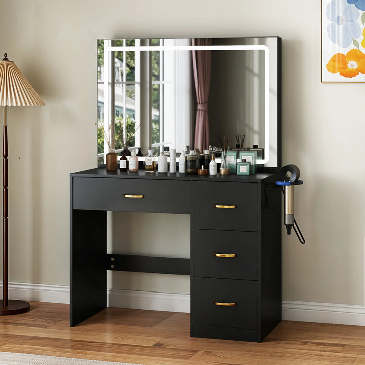 YITAHOME Dressing Table & Stool Set - Vanity Desk with 3-Color LED Mirror, 4 Drawers & Power Outlet (Black)