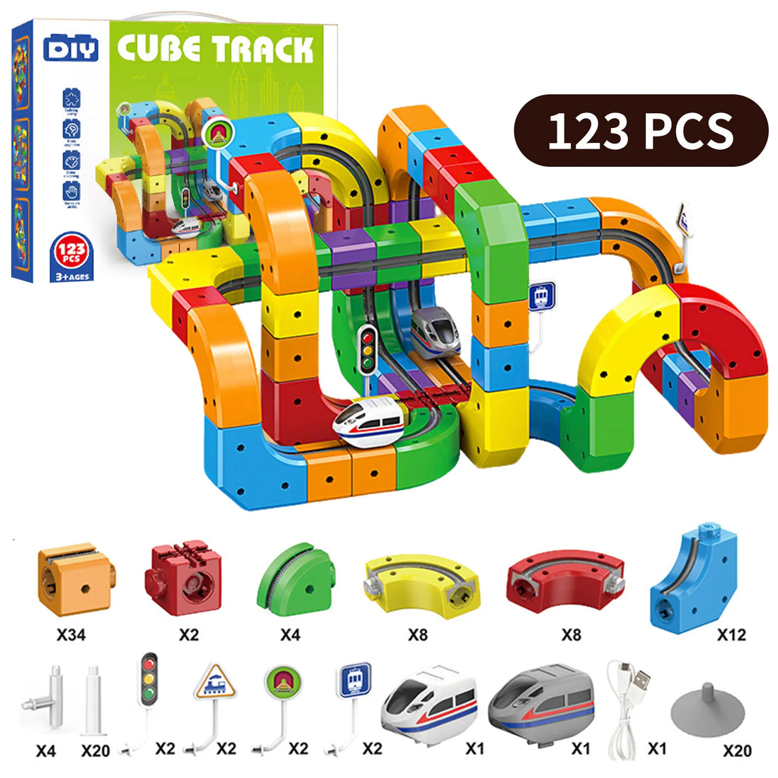 123PCS Magical Track Train STEM Educational Toys USB Rechargeable 3D Building Tracks Cube Rails DIY Assembly Toy Christmas Birthday Gift for Kids Age 3+