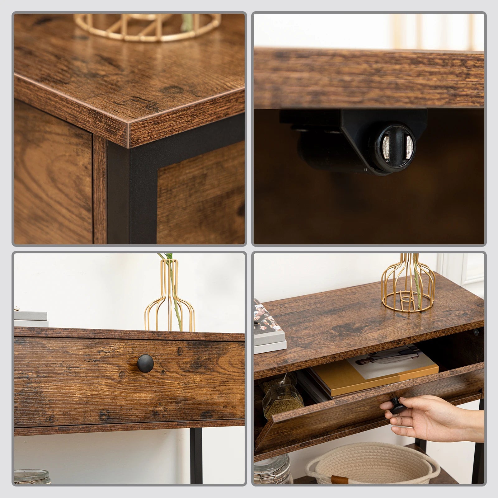Rustic Brown Modern Console Table With 2 Drawers - Hallway Sofa Entryway Storage, Particleboard & Metal Frame Easy Assembly