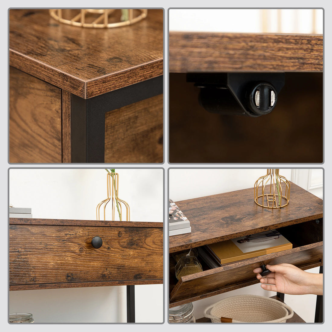 Rustic Brown Modern Console Table With 2 Drawers - Hallway Sofa Entryway Storage, Particleboard & Metal Frame Easy Assembly