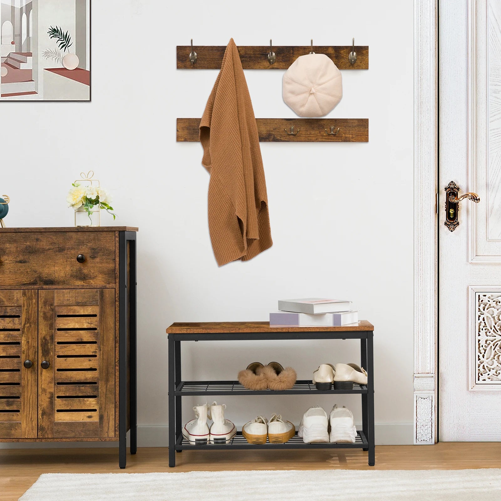 HOOBRO Coat Rack Shoe Bench Set Entryway Shoe Rack With Coat 9 Hooks Hall Tree Wall Coat Hat Bag Hanging Organizer For Entrance