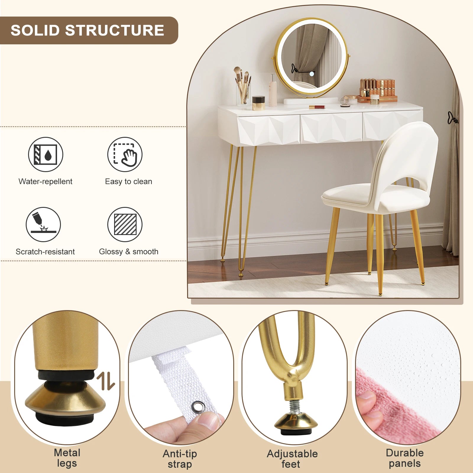 1SET Dressing Table with 360° Rotating Mirror Velvet Chair LED Light in 3 Light Colours Vanity Makeup Desk Cosmetic Table