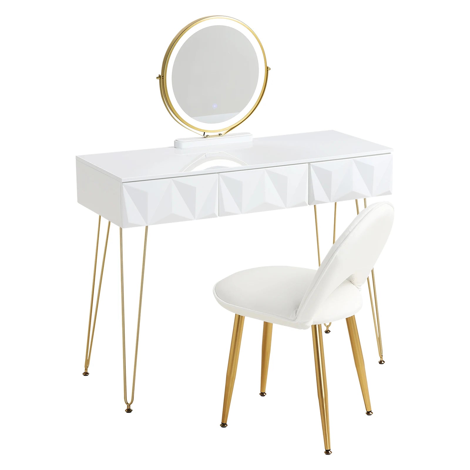 1SET Dressing Table with 360° Rotating Mirror Velvet Chair LED Light in 3 Light Colours Vanity Makeup Desk Cosmetic Table