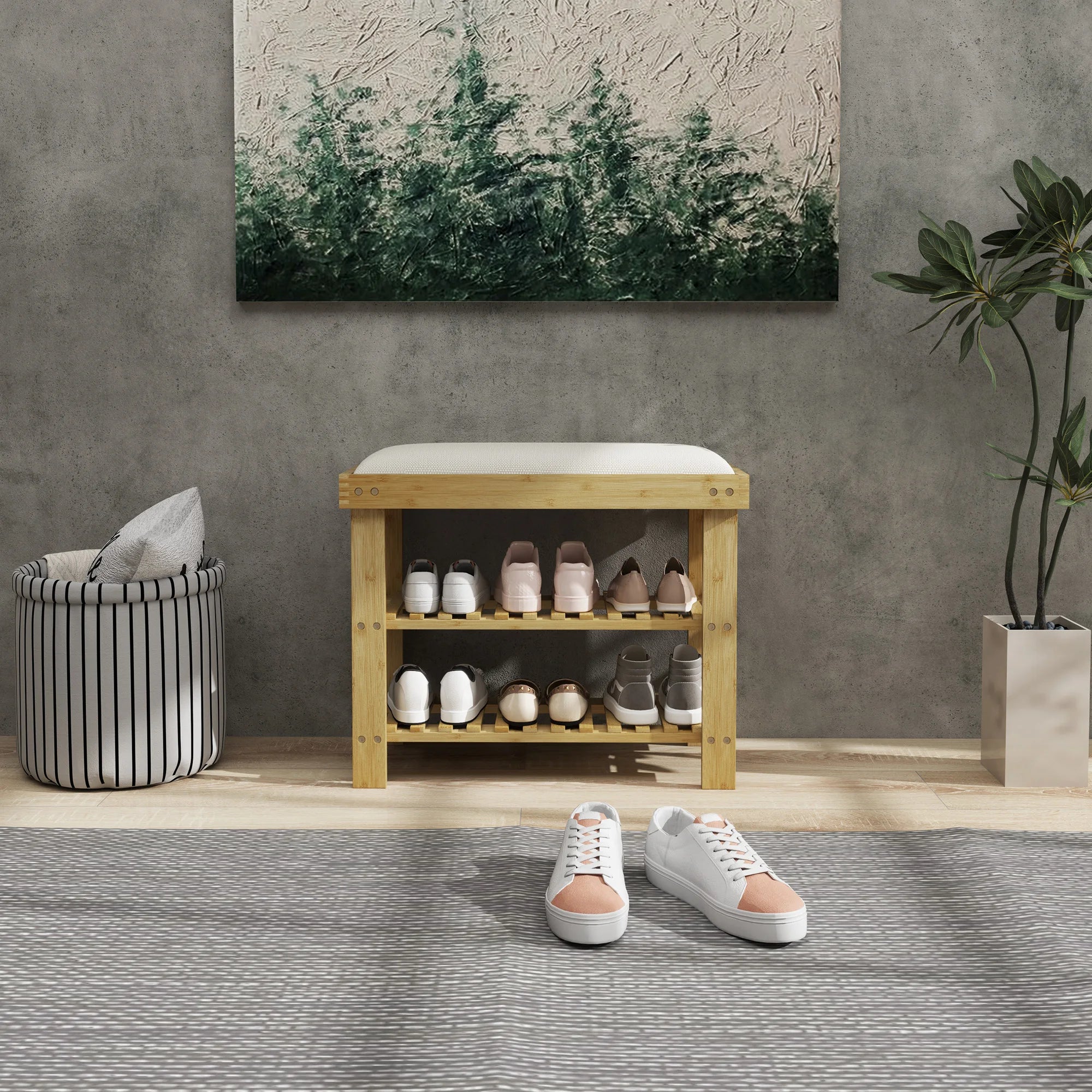 3-Tier Shoe Storage Bench, Bamboo Shoe Rack for Entryway, Cream