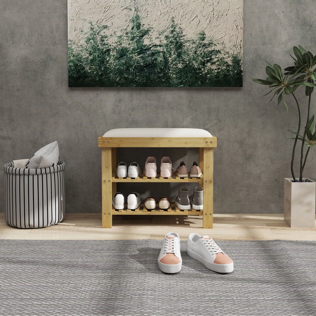 3-Tier Shoe Storage Bench, Bamboo Shoe Rack for Entryway, Cream