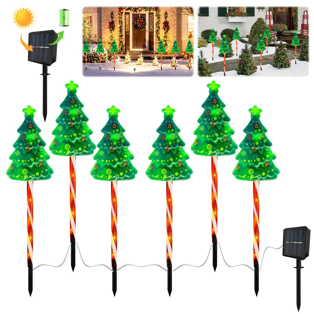 6 Pack Christmas Tree Light IP65 Waterproof LED Solar Powered String Lights Auto On/Off Decorative Pathway Light for Garden Lawn