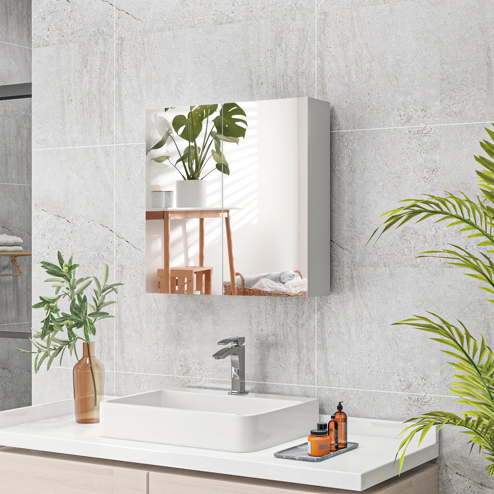 Wall Mounted Bathroom Storage Cupboard W/ Mirror and Shelf, White