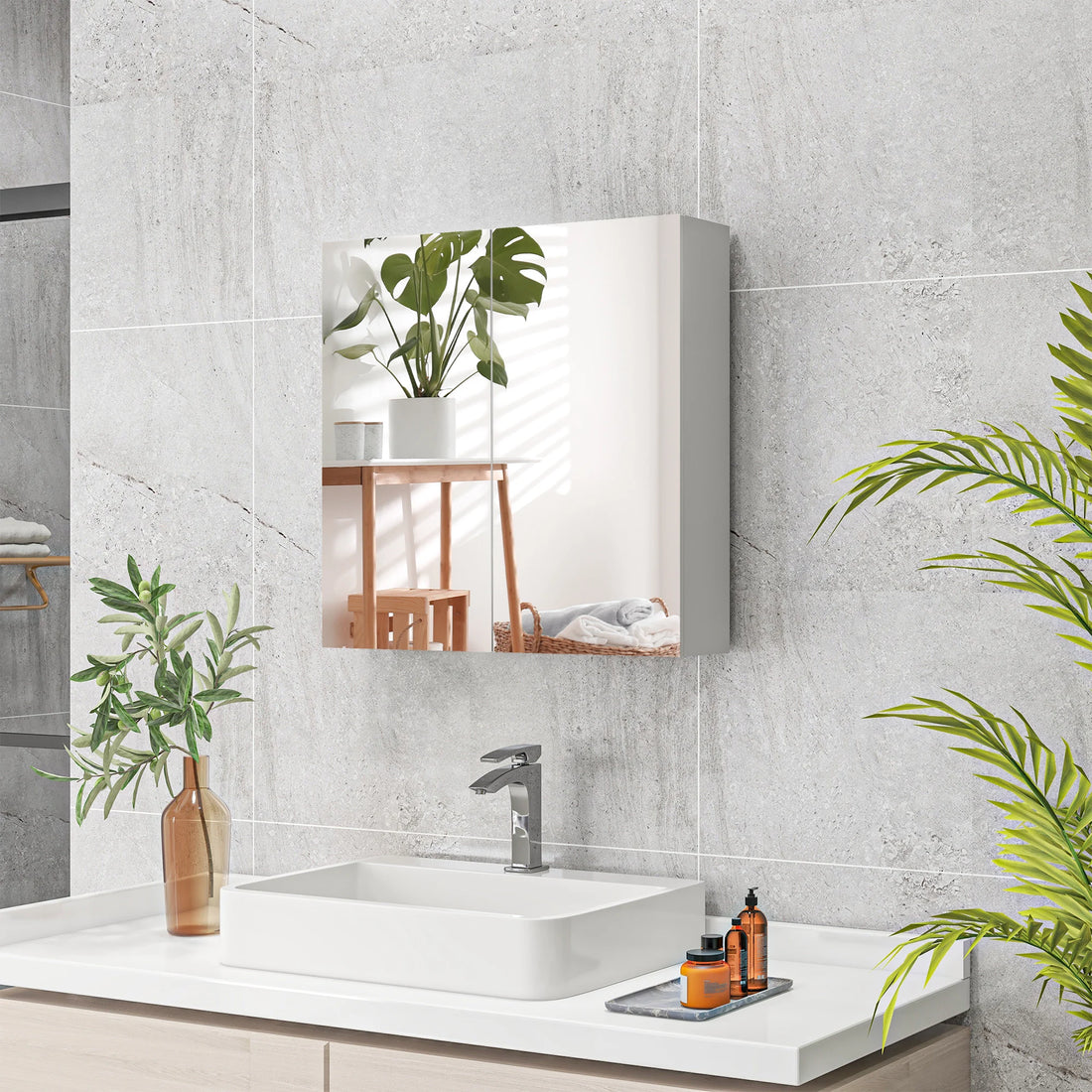 Wall Mounted Bathroom Storage Cupboard W/ Mirror and Shelf, White