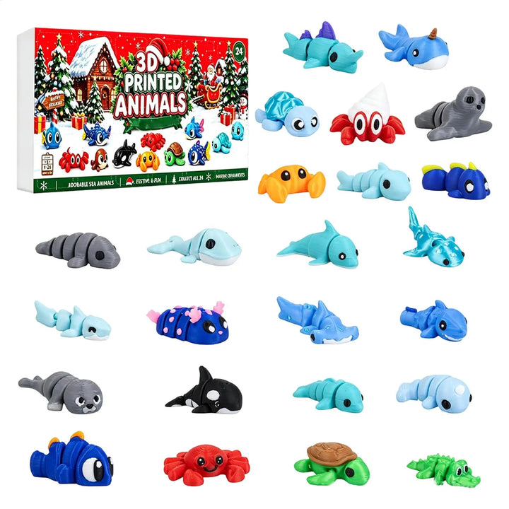 2026 Christmas Advent Calendar 24 Days 3D Printed Animal Figurines Big Eyes Flexible Fidget For Kids Xmas Party Gifts