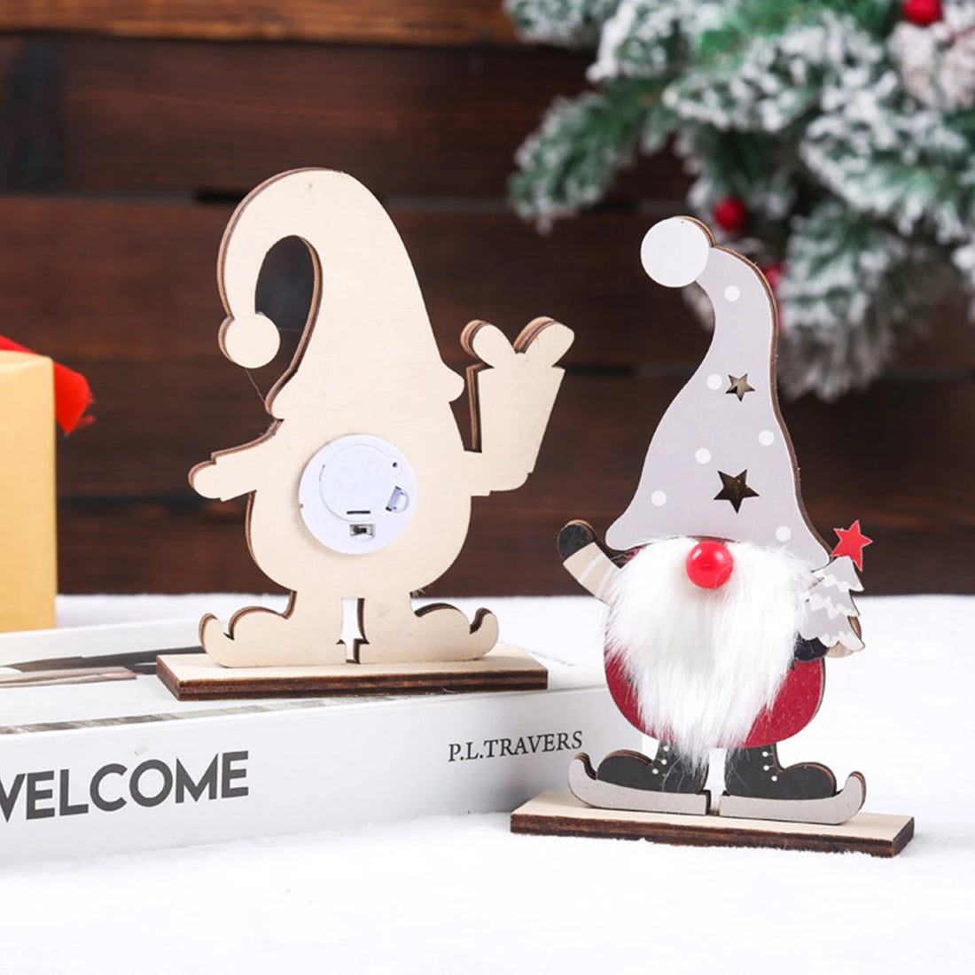 2PCS LED Cute Christmas Ornament Multi-Purpose Lovely Nordic Santa Claus Wooden Santa Decoration Gift for Friends