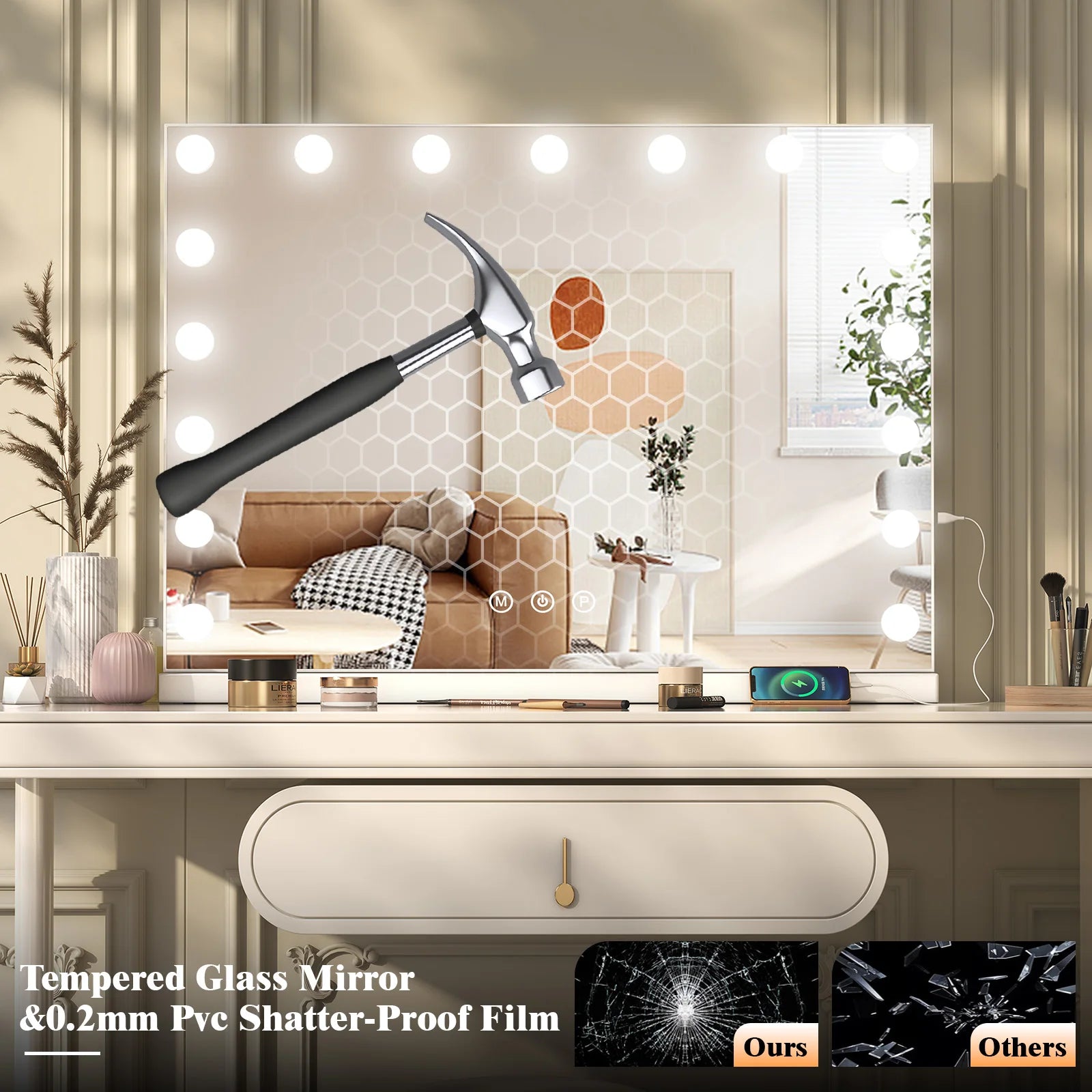 Dimmable LED Makeup Mirror, 10X Magnification, Three-Colour Touchscreen Makeup Mirror with Lighting, USB-Powered Desktop Mirror
