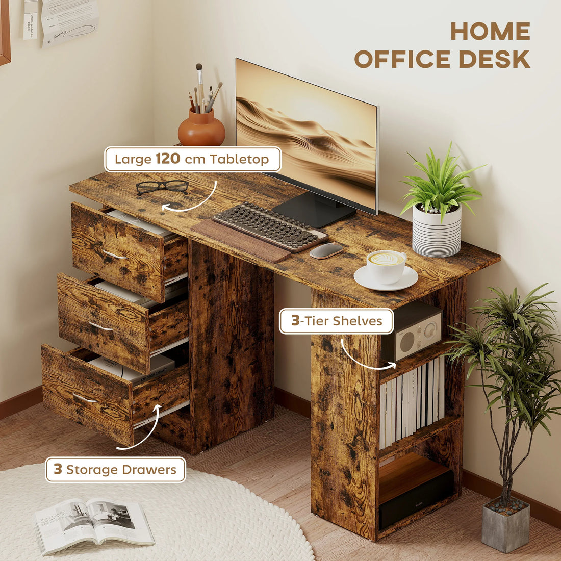 120cm Computer Desk, Study Table with 3 Shelf & Drawers