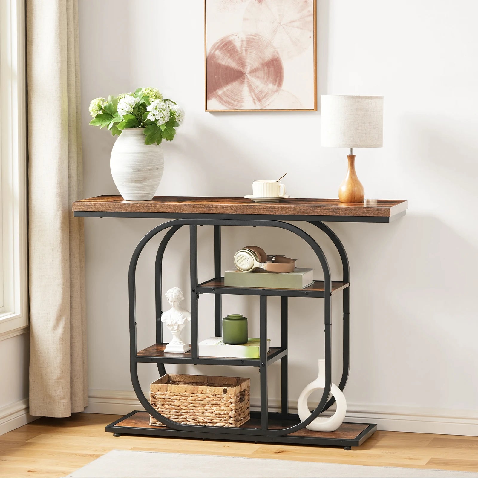 Console Table for Hallway 110 cm Industrial 4-Tier Display Sofe Table with Storage Hallway Table Geometric Frame for Entryway