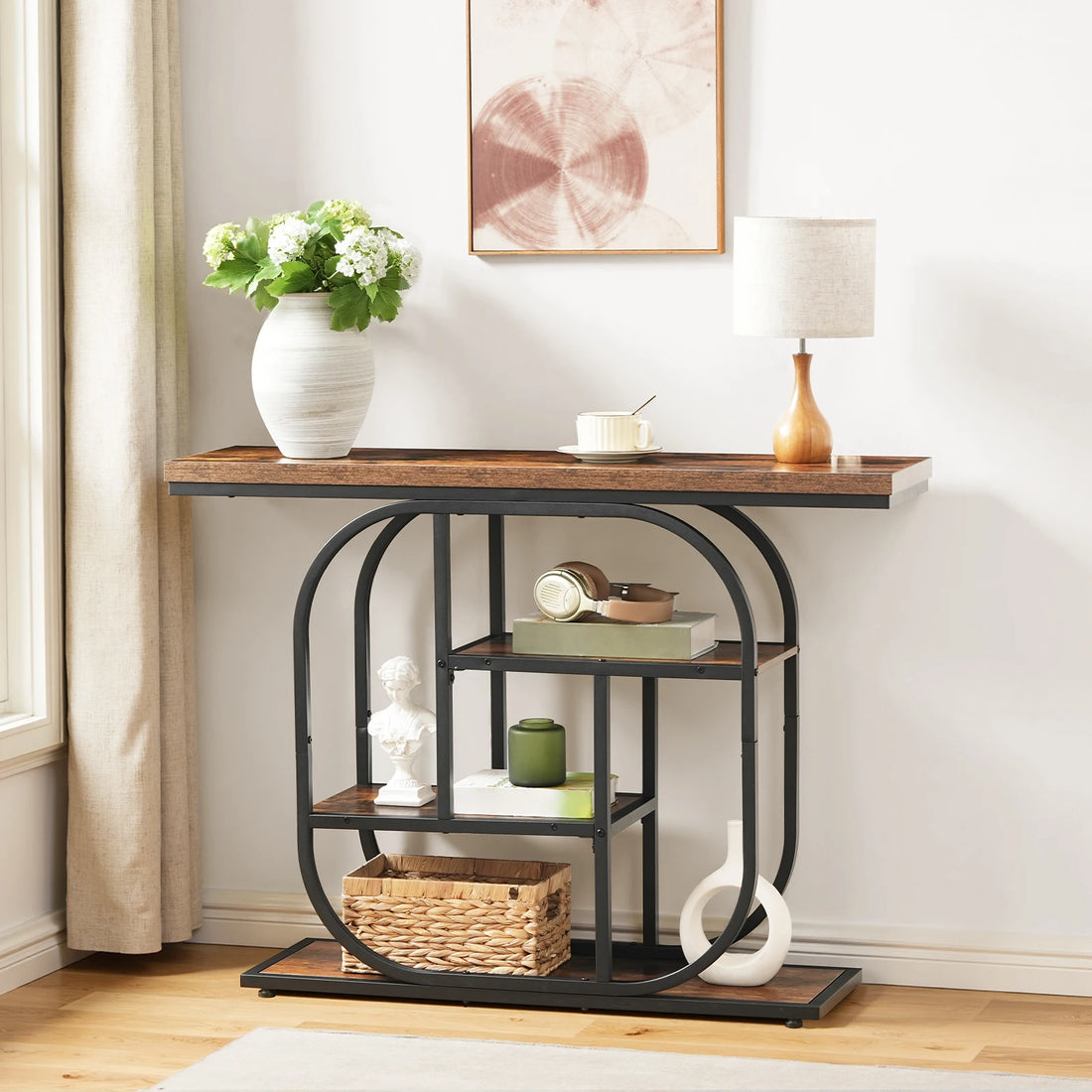 Console Table for Hallway 110 cm Industrial 4-Tier Display Sofe Table with Storage Hallway Table Geometric Frame for Entryway