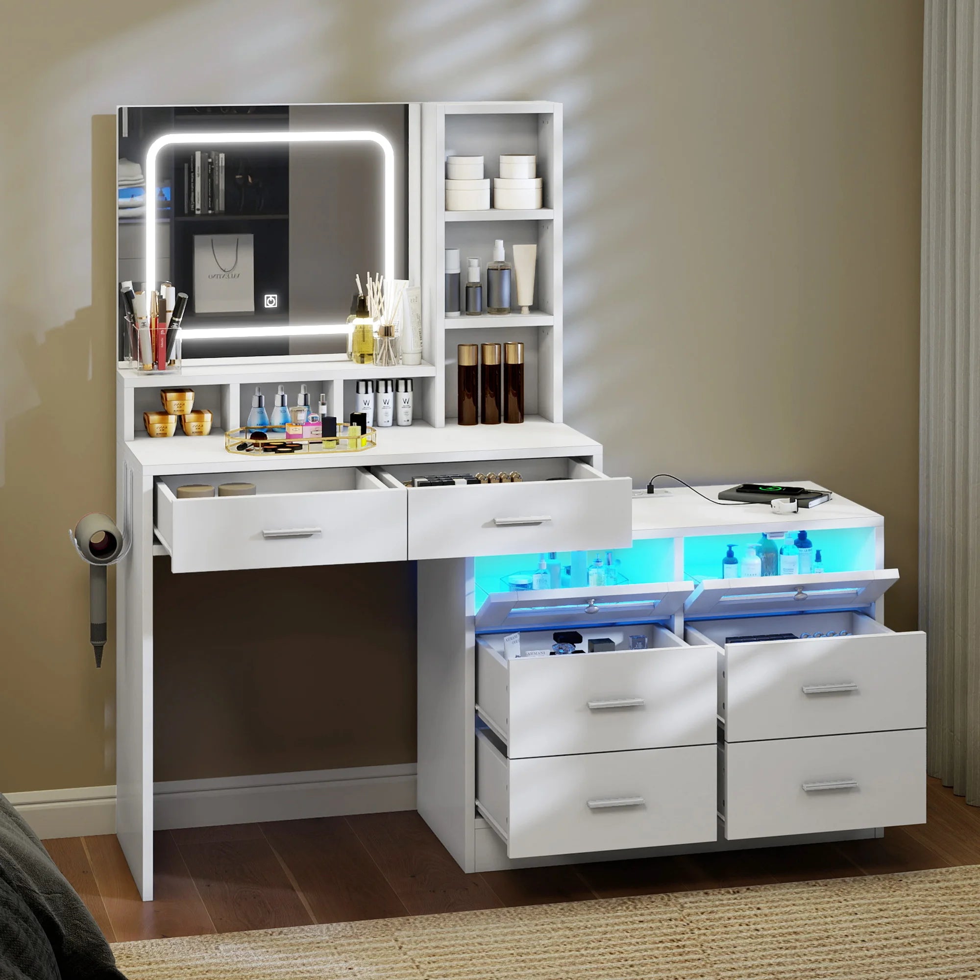 YITAHOME Corner LED Vanity Table with Charging Station Drawers Adjustable Shelves Makeup Desk