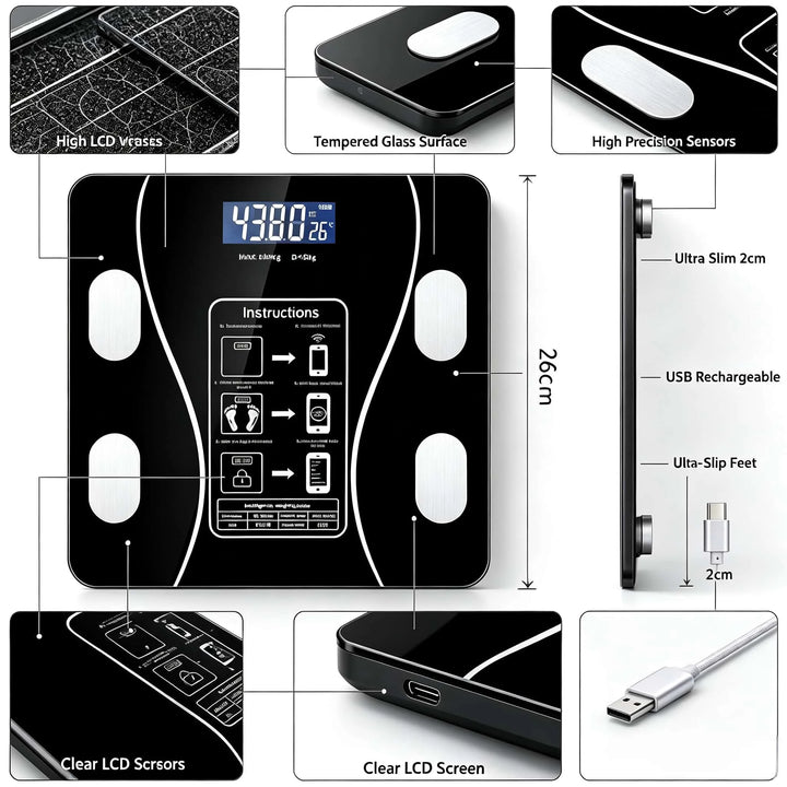 Bluetooth Smart Body Fat Scale Digital Bathroom Weight Scale 400lbs High Accurate Body Composition Analyzer BMI BMR Muscle Bone Visceral Fat Water Mass Monitor USB Charging Tempered Glass Body Scale Multi User Data Storage Fi