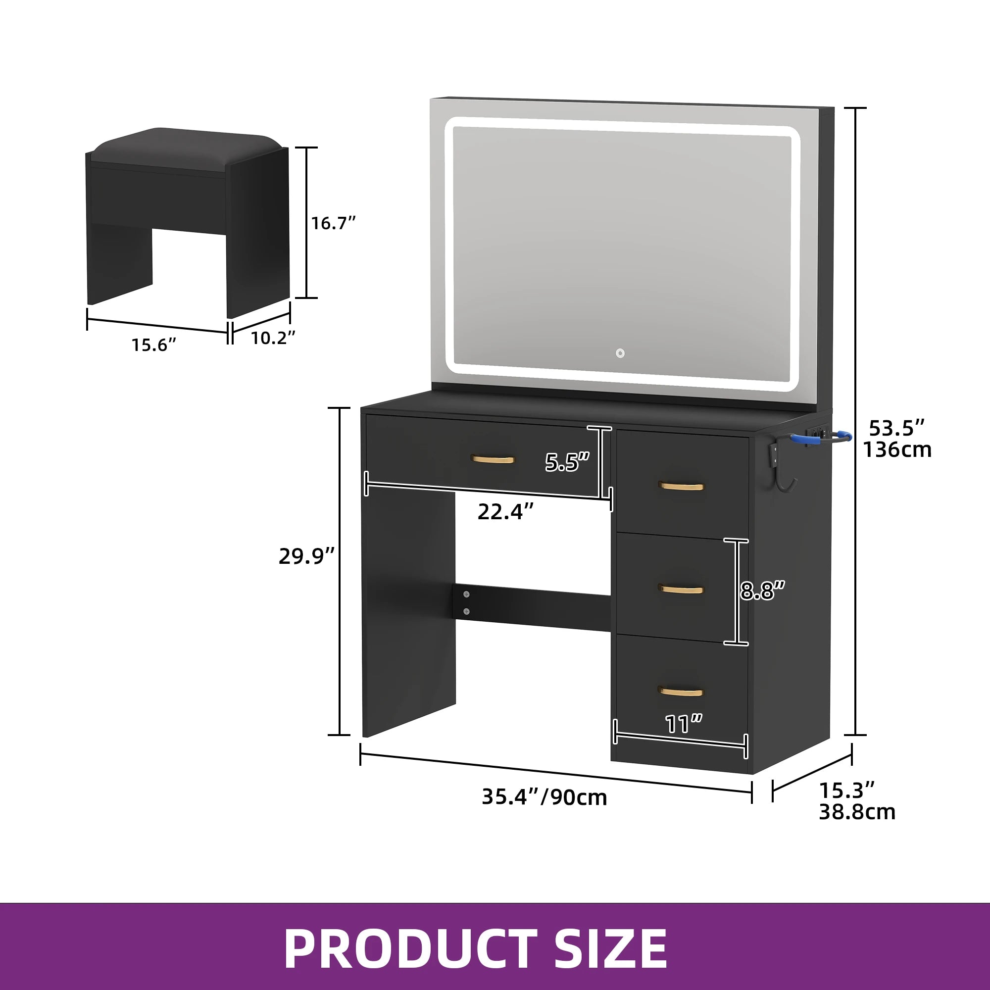 YITAHOME Dressing Table & Stool Set - Vanity Desk with 3-Color LED Mirror, 4 Drawers & Power Outlet (Black)