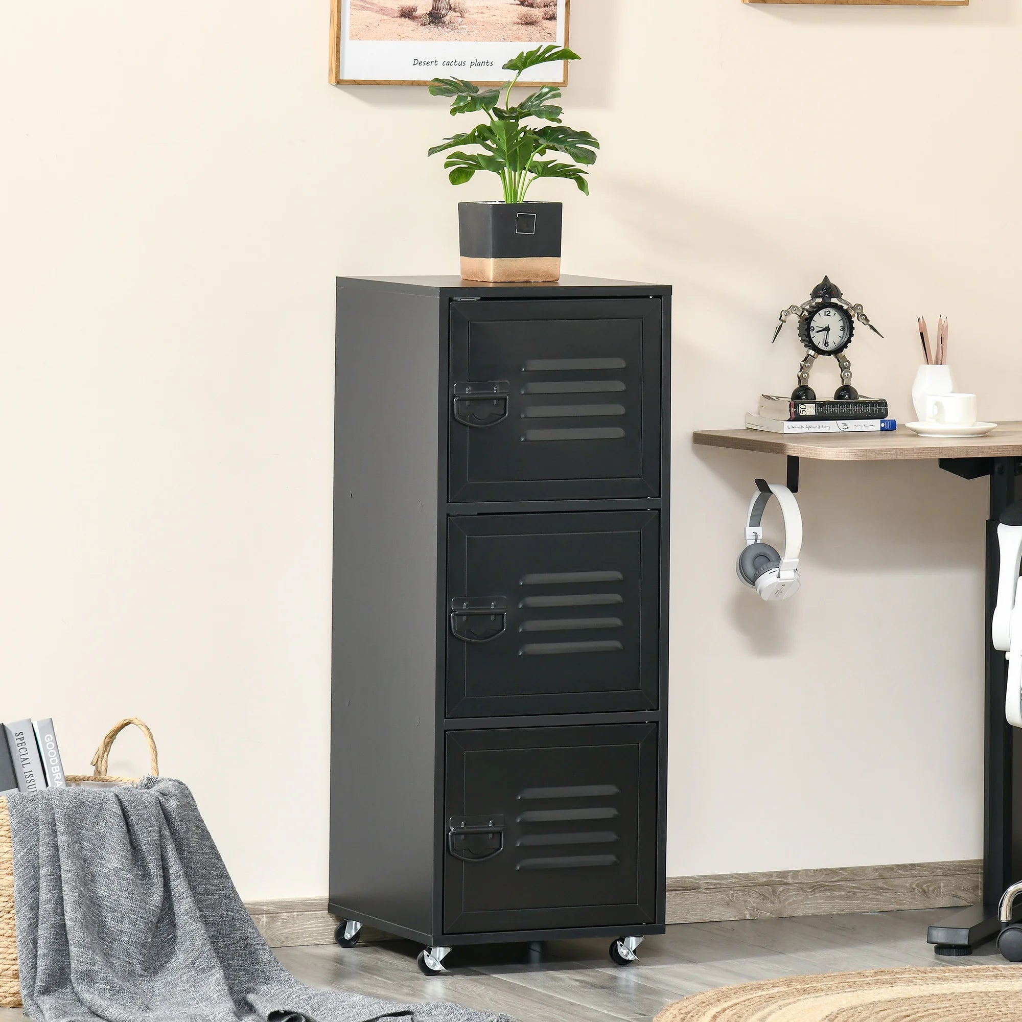 Rolling Storage Cabinet 3-Tier Mobile File Cabinet with Wheels Black
