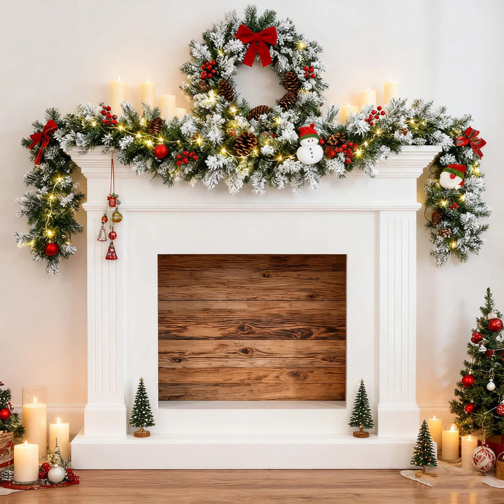 Premium PVC 2.7m Pre Lit LED Christmas Garland Fireplace Wreath Pendant 50 Warm White Lights Pine Cones Stars for Home Decor
