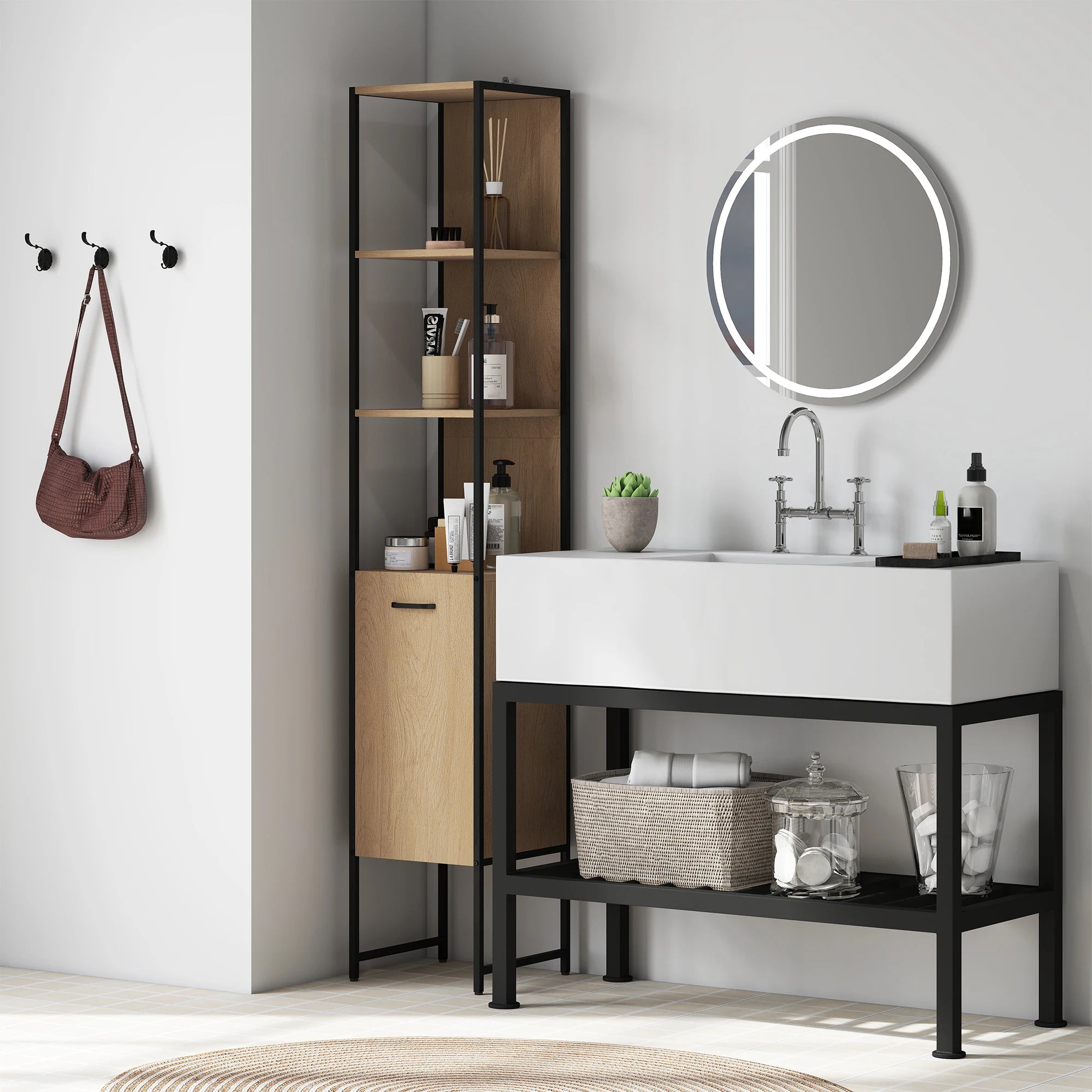 Tall Bathroom Cabinet with 3 Open Shelves Adjustable Shelf, Natural
