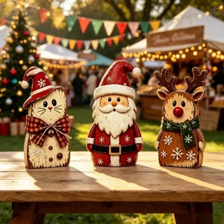 Christmas Wooden Tabletop Figurines 3Pcs Santa Reindeer Cat Statue Set Holiday Home Desktop Decor Ornaments for Xmas Party