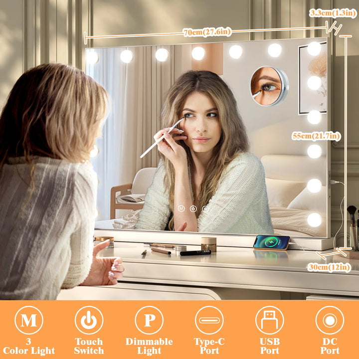 Dimmable LED Makeup Mirror, 10X Magnification, Three-Colour Touchscreen Makeup Mirror with Lighting, USB-Powered Desktop Mirror