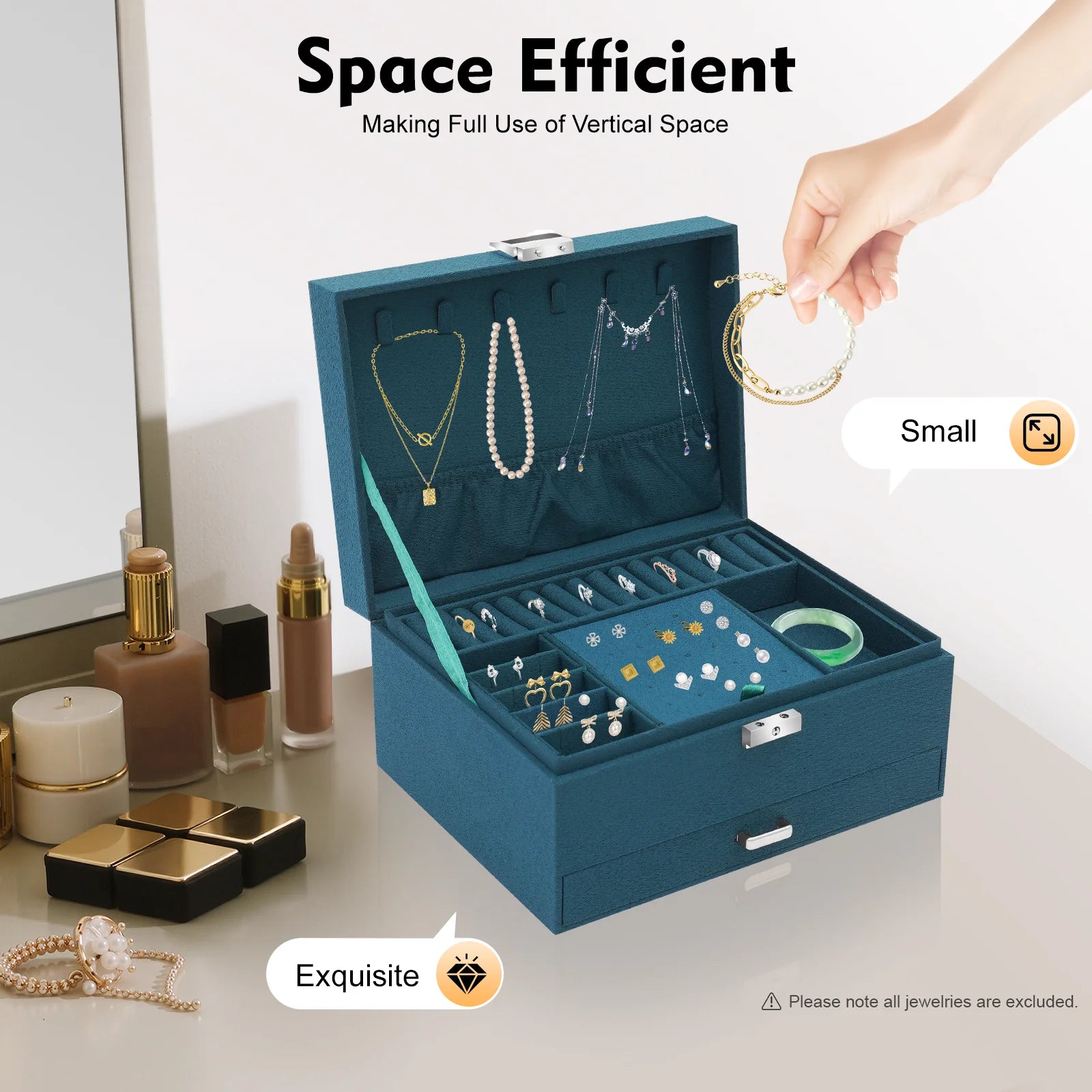 3-Tier Dark Green Jewelry Box Organizer with 15 Ring Slots 10 Earring Hooks 18 Stud Holes Drawers for Necklace Bracelet Watch