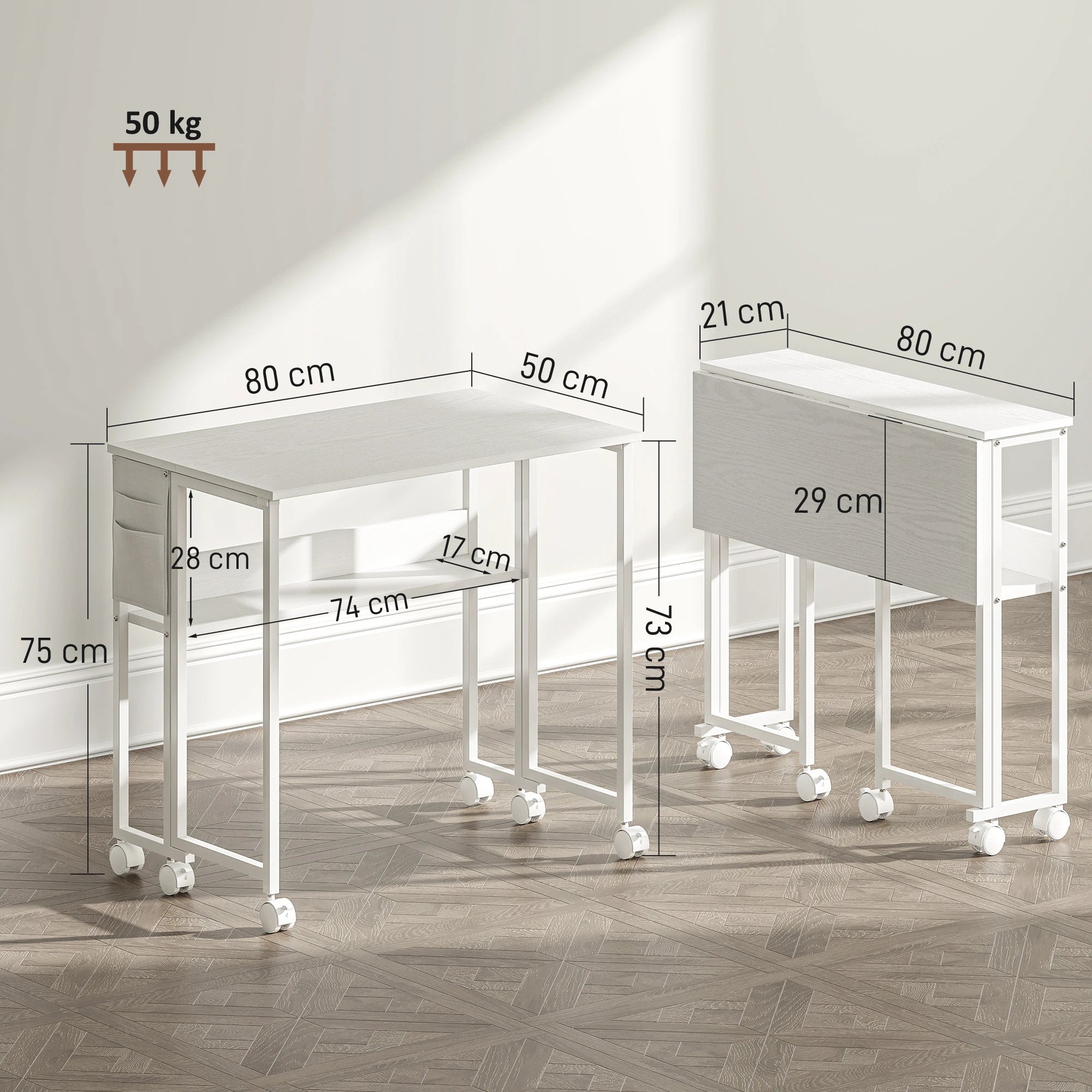 HOMCOM 80 cm Foldable Computer Desk on Wheels for Small Spaces White