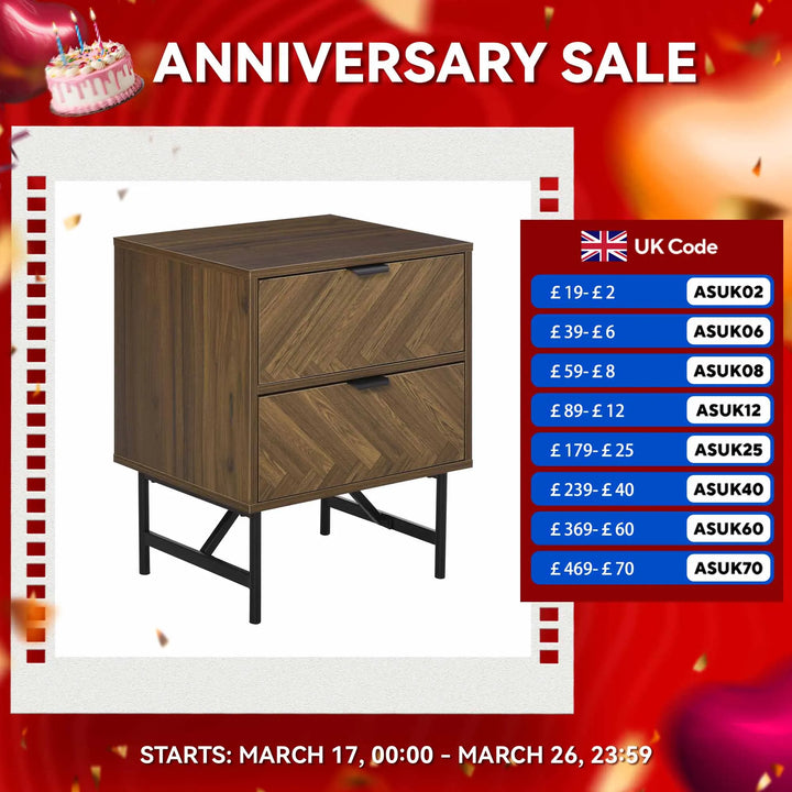 Two-Drawer Herringbone Bedside Table Home Cabinet Bedroom Storage Brown