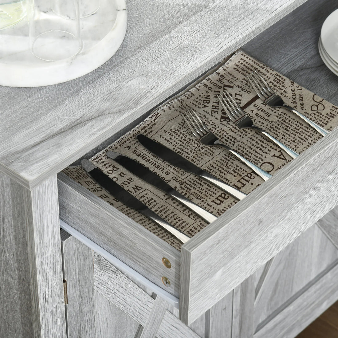 Farmhouse Barn Door Sideboard Accent Buffet Cabinet Coffee Bar Grey Grain