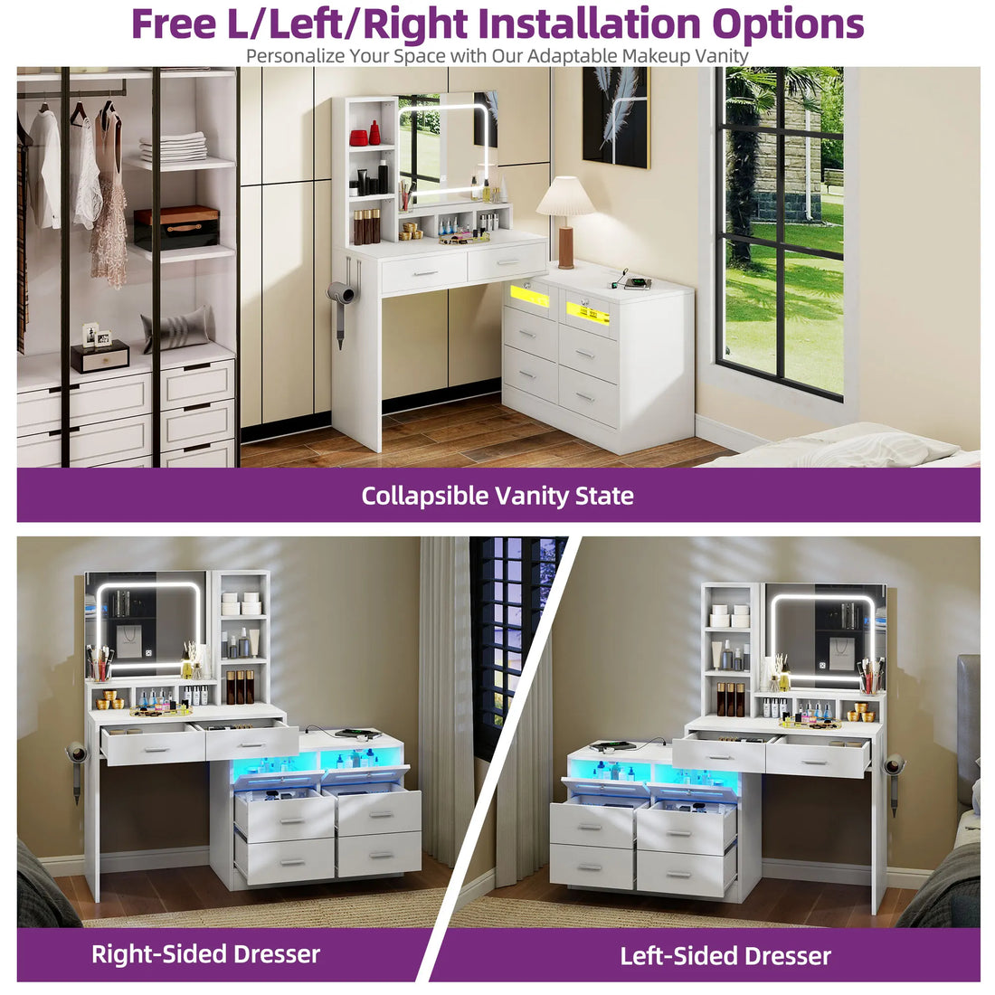 YITAHOME Corner LED Vanity Table with Charging Station Drawers Adjustable Shelves Makeup Desk
