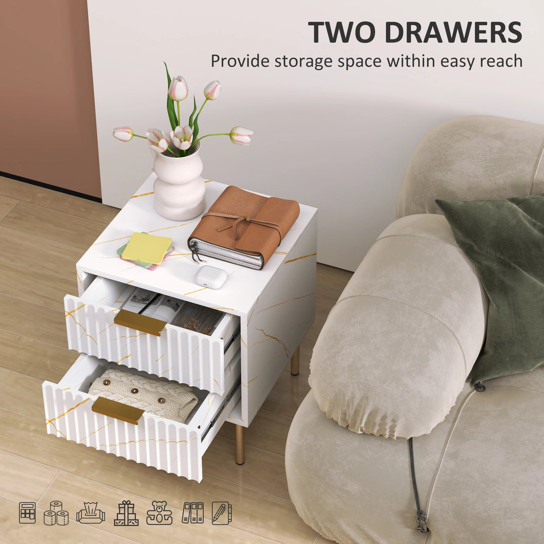 Bedside Table Bedside Cabinet with 2 Drawers for Bedroom