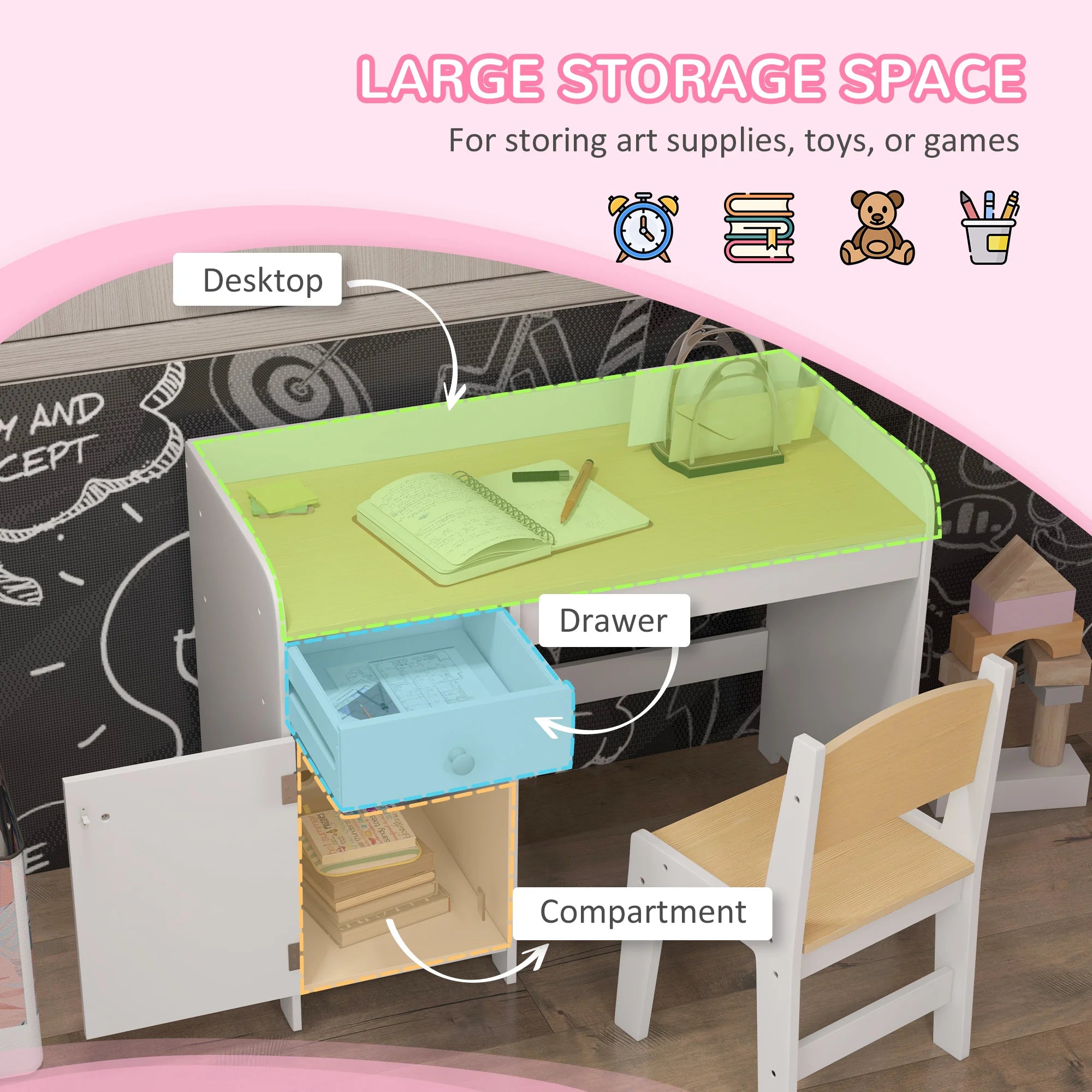 Kids Desk and Chair Set for 3-6 Years with Storage Drawer, Study Table and Chair for Children - White