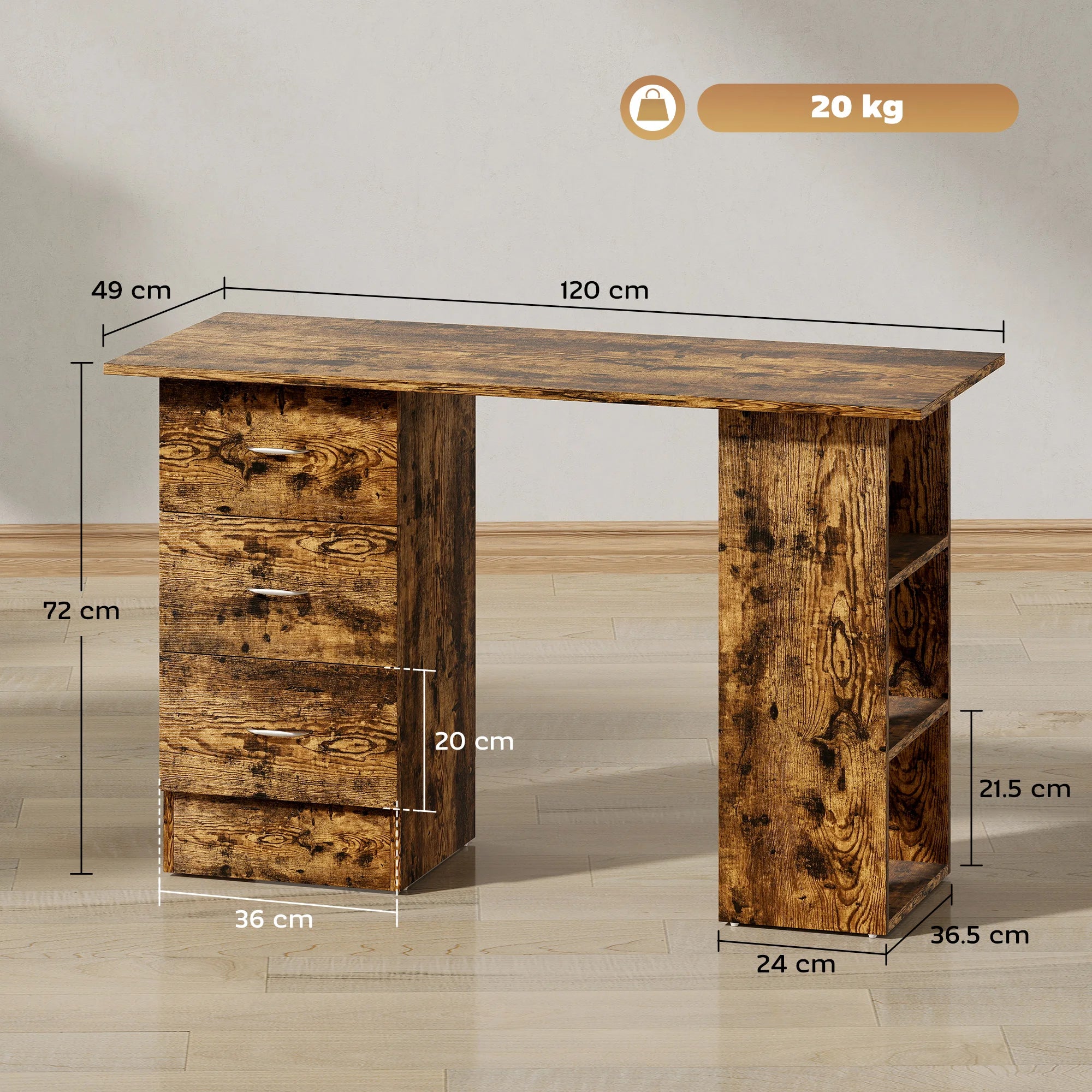 120cm Computer Desk, Study Table with 3 Shelf & Drawers