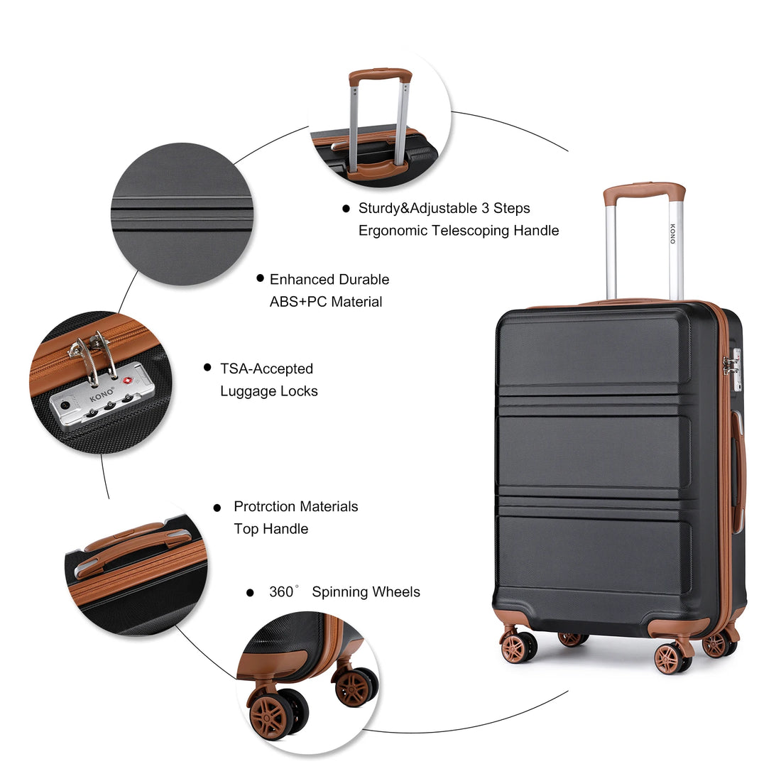 KONO 20/24/28 Inch Travel Trolley Case Hard Shell Suitcase, Lightweight ABS Carry On Luggage with TSA Lock, 360° Silent Double Spinner Wheels, 3-Level Adjustable Telescopic Handle,