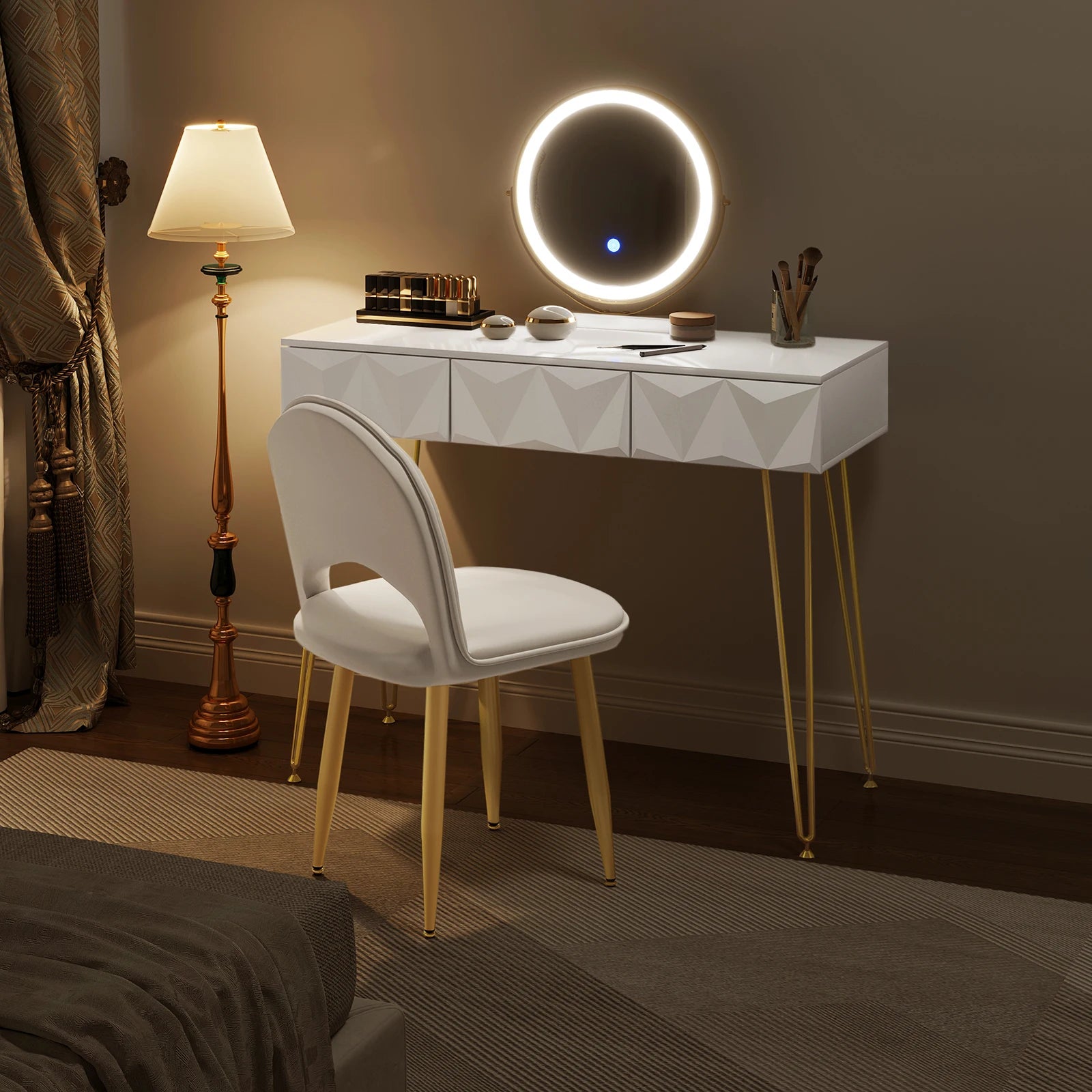 1SET Dressing Table with 360° Rotating Mirror Velvet Chair LED Light in 3 Light Colours Vanity Makeup Desk Cosmetic Table