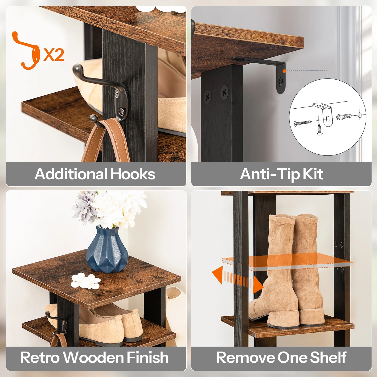 Shoe Rack Wooden, Tall Shoe Rack, Narrow Shoe Storage Organizer with 2 Hooks, Slim Shoe Shelf, Vertical Shoe Tower for Entrance,