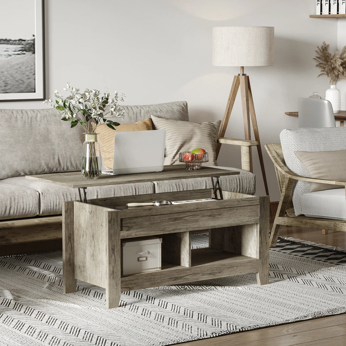 Lift Top Coffee Table w/  Hidden Storage Compartment & Shelves Oak