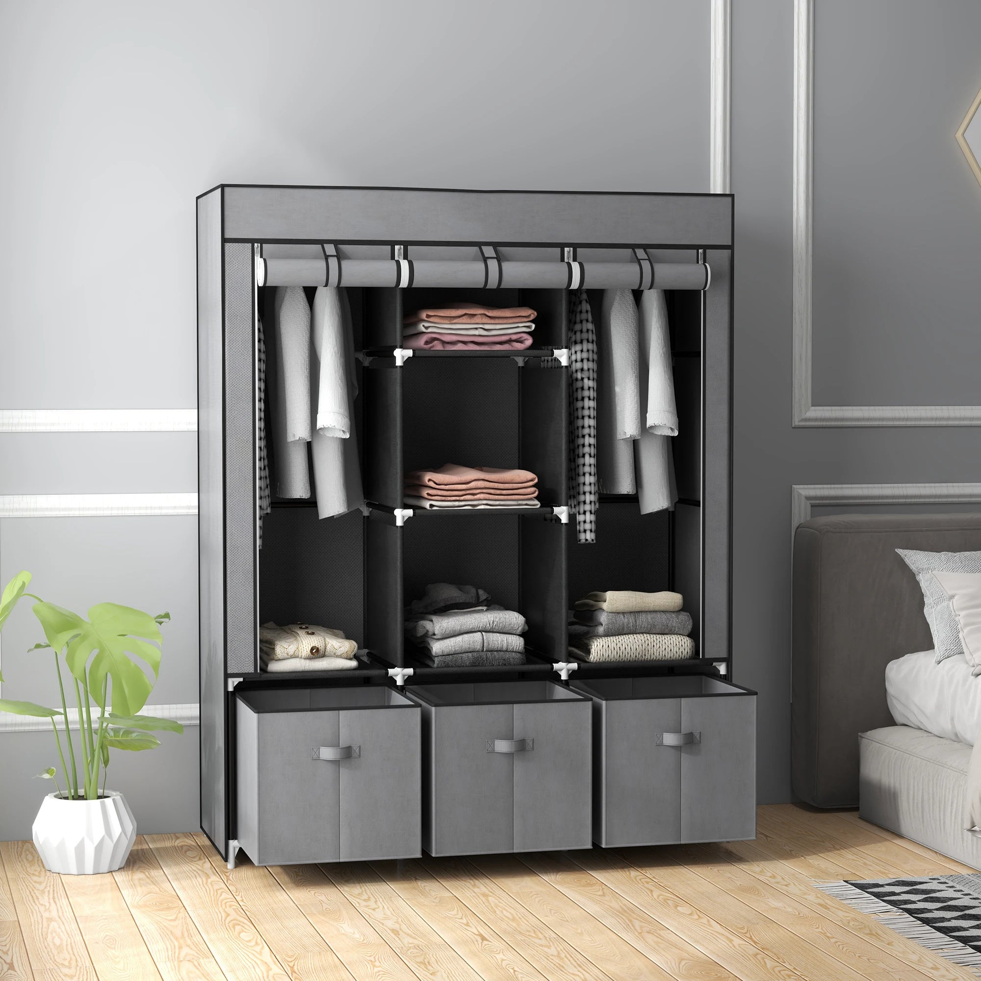 HOMCOM Portable Wardrobe w/ 5 Shelves 3 Fabric Drawers and 2 Hanging Rails Grey