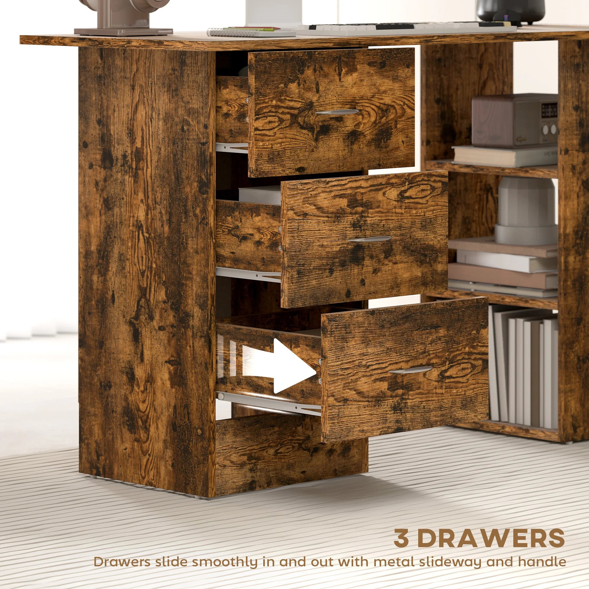120cm Computer Desk, Study Table with 3 Shelf & Drawers
