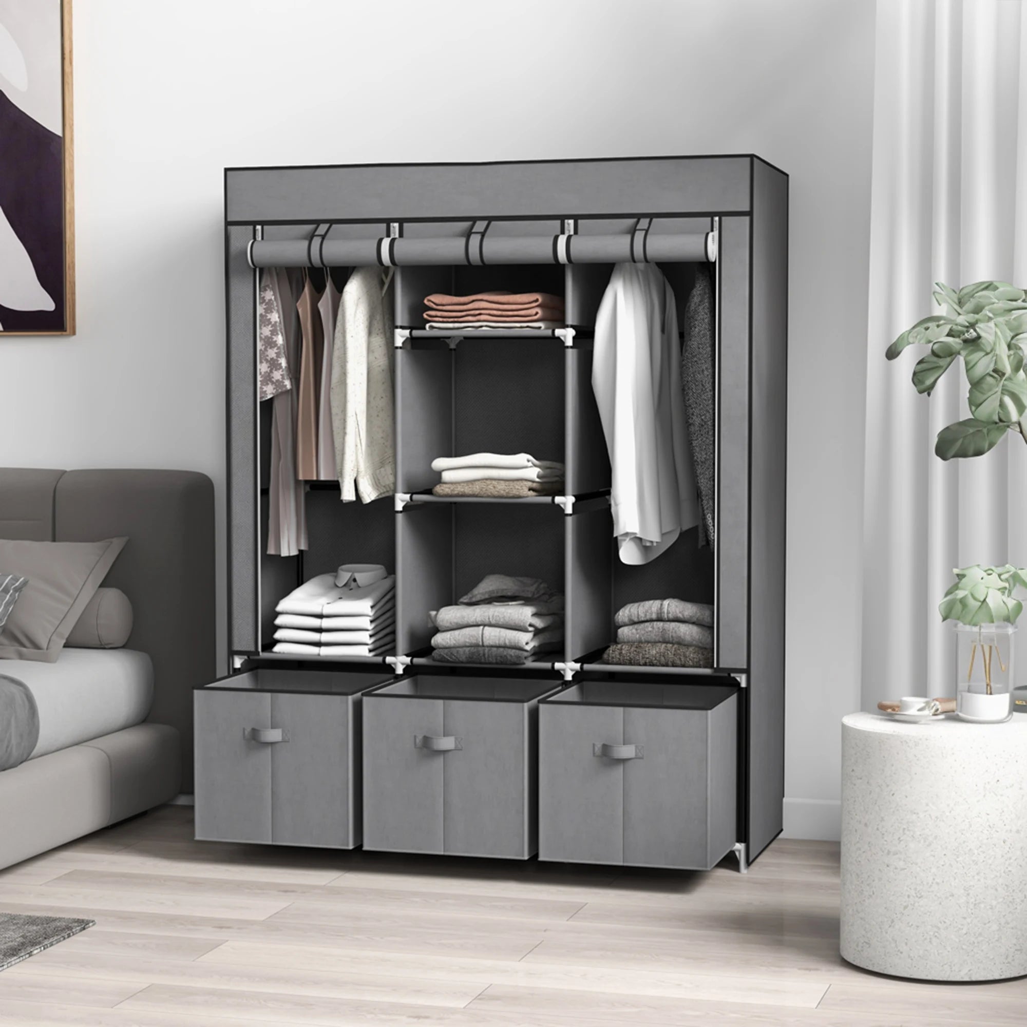 HOMCOM Portable Wardrobe w/ 5 Shelves 3 Fabric Drawers and 2 Hanging Rails Grey