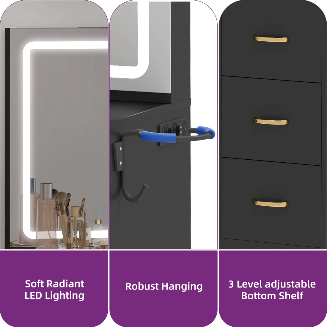 YITAHOME Dressing Table & Stool Set - Vanity Desk with 3-Color LED Mirror, 4 Drawers & Power Outlet (Black)