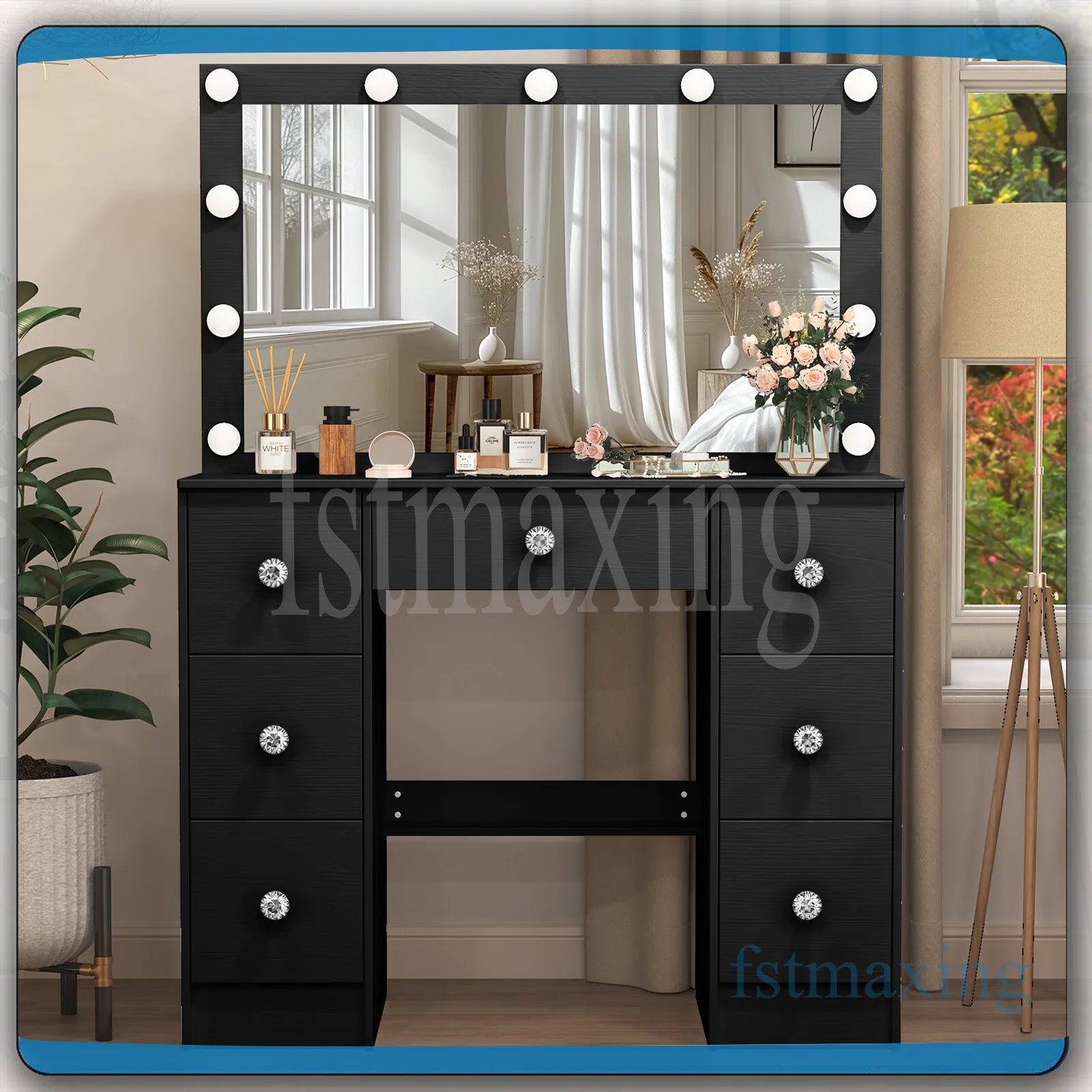Black Dressing Table With 11 LED Light Mirror 7 Drawers Vanity Table Makeup Desk