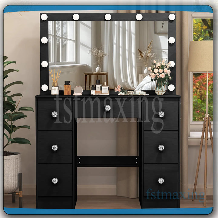 Black Dressing Table With 11 LED Light Mirror 7 Drawers Vanity Table Makeup Desk