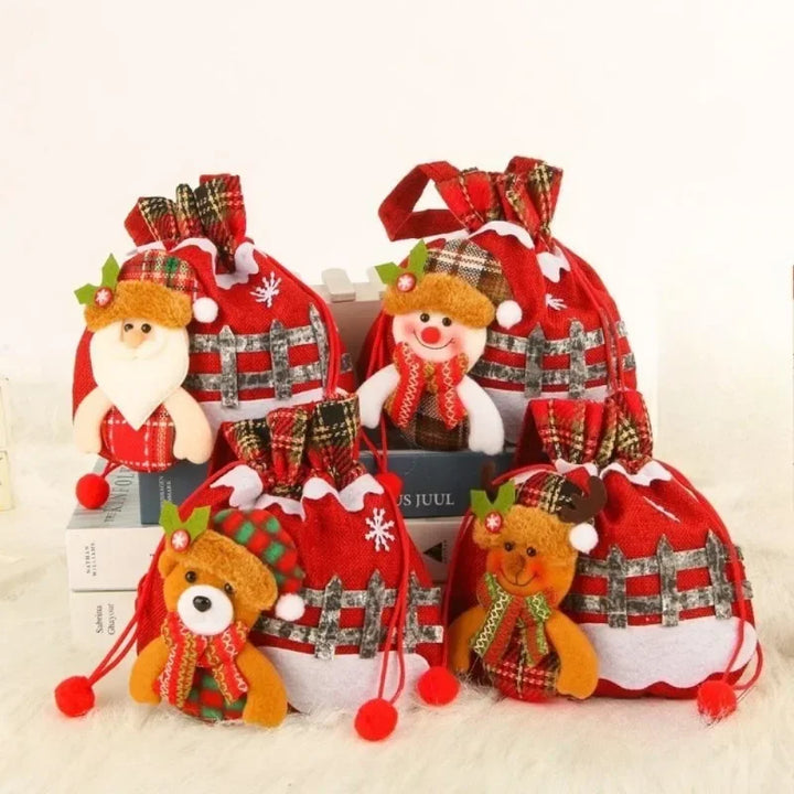 4PCS Christmas Drawstring Bags Reusable Fabric Xmas Favor Bags Santa Snowman Doll Gift Bag Wholesale Holiday Party Candy Treat