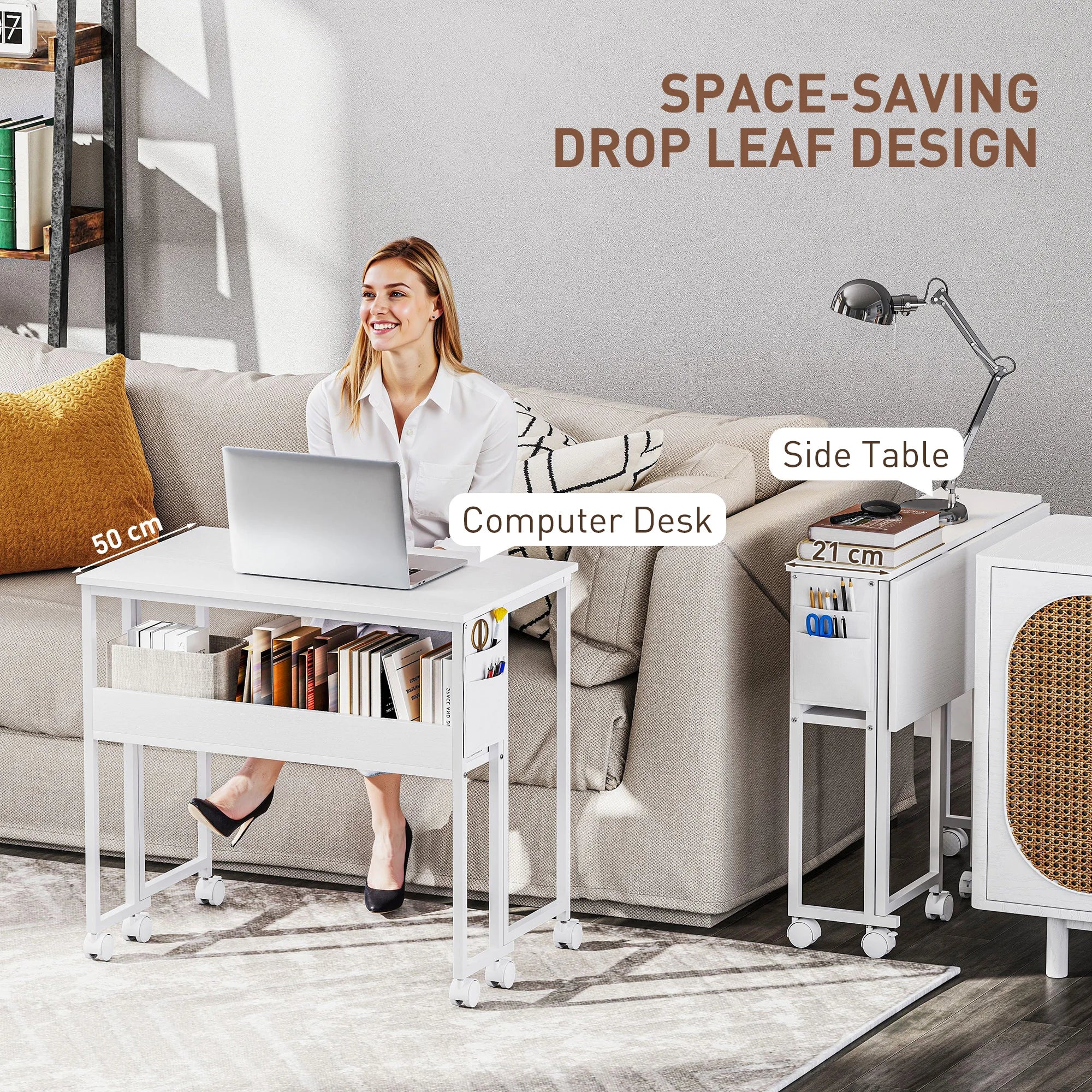 HOMCOM 80 cm Foldable Computer Desk on Wheels for Small Spaces White