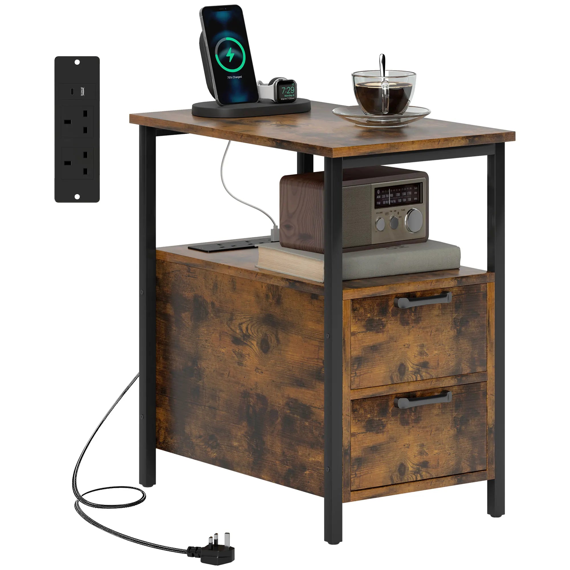 Bedside Table with Charging Station for Living Room, Rustic Brown